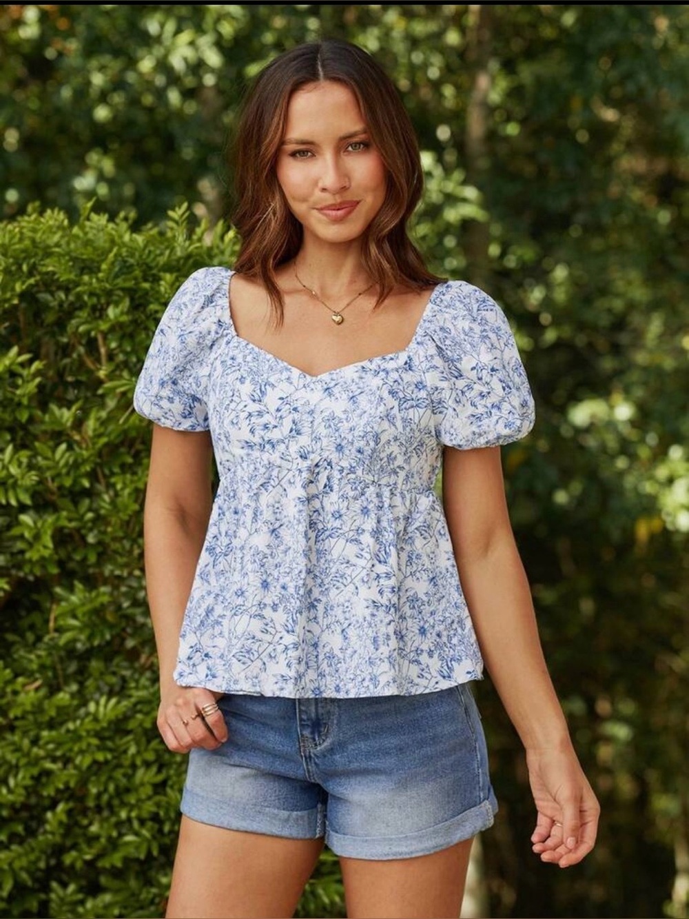 Blue Floral Puff-Sleeve Women's Top, Sz M - Picture 2 of 2